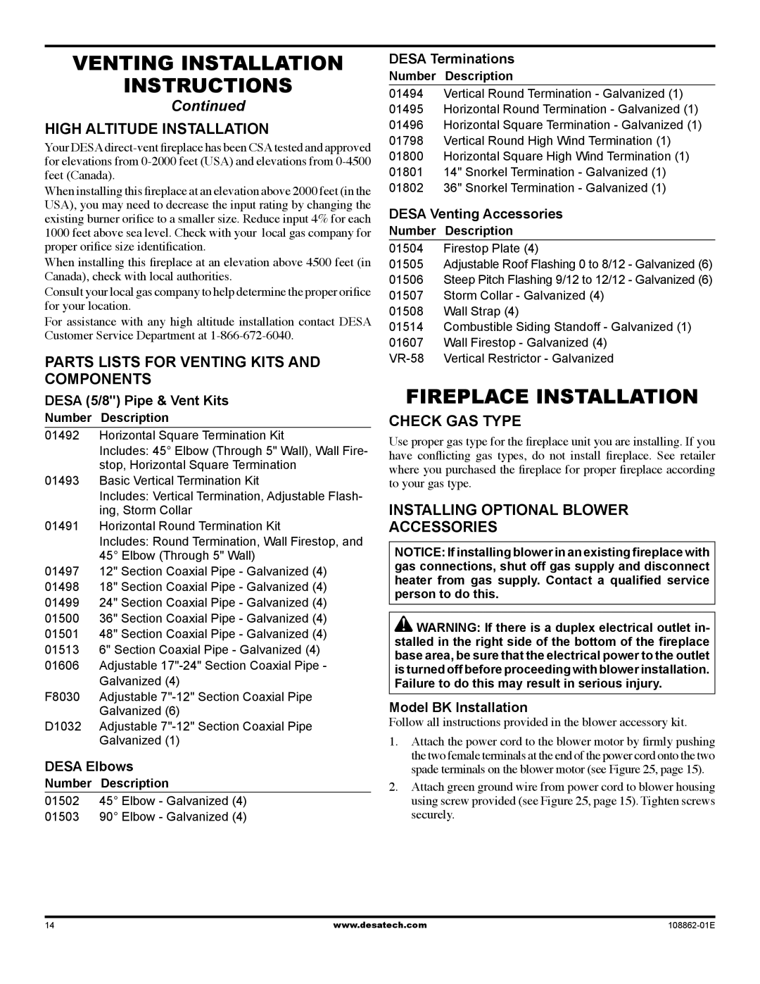 Desa (v)V42EP SERIES Fireplace Installation, High Altitude Installation, Parts lists for venting kits and components 