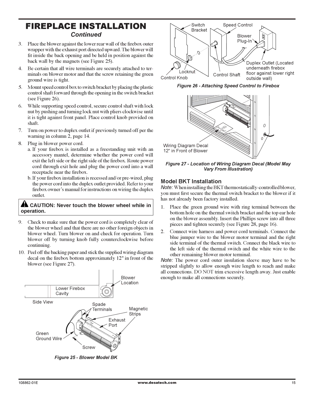 Desa (v)V42EP SERIES installation manual Model BKT Installation, Blower Model BK 