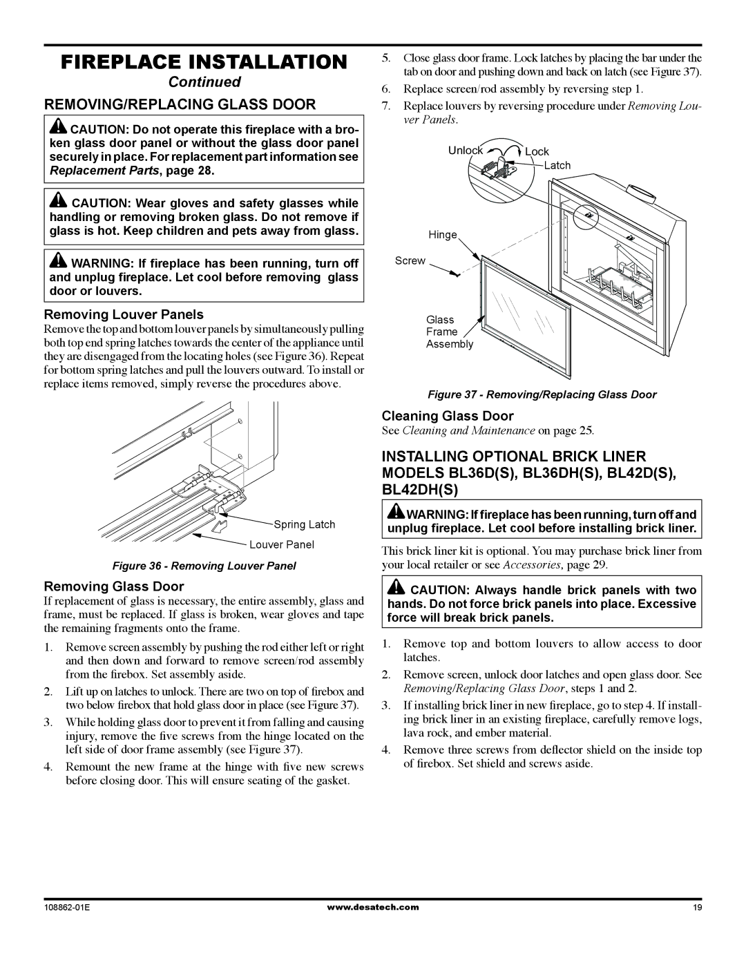 Desa (v)V42EP SERIES Removing/Replacing Glass Door, Removing Louver Panels, Removing Glass Door, Cleaning Glass Door 