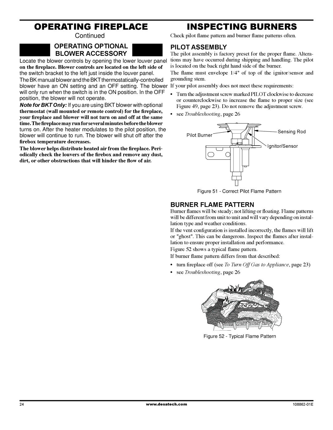 Desa (v)V42EP SERIES Inspecting Burners, Operating optional Blower accessory, Pilot assembly, Burner Flame Pattern 