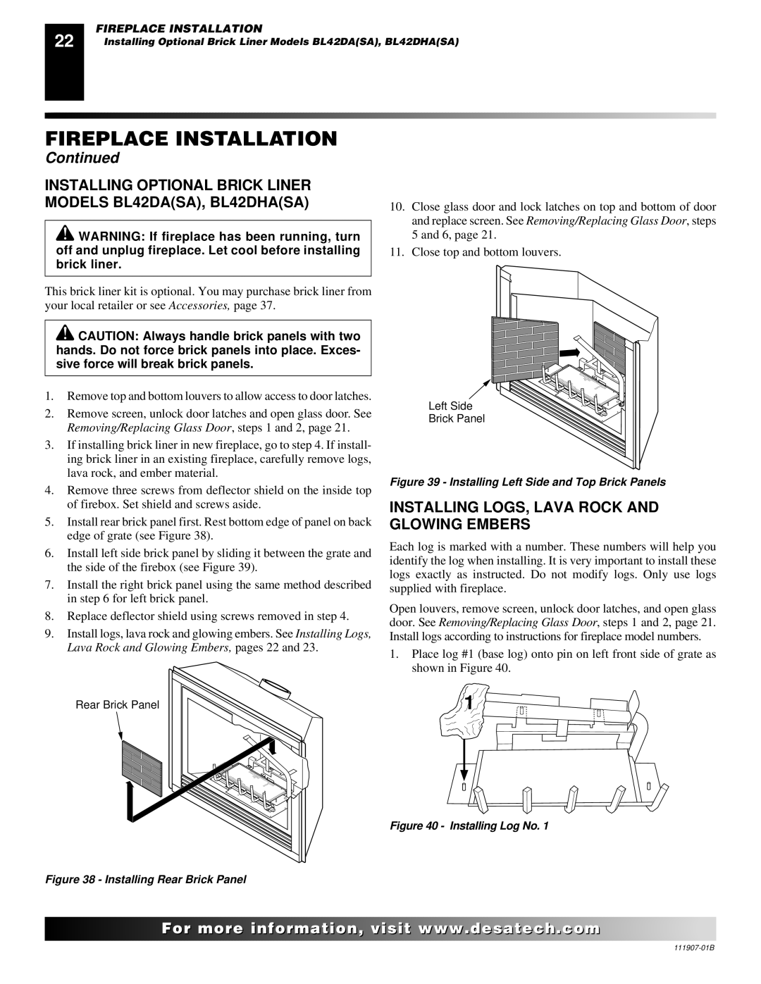 Desa V)V42EPA(1) SERIES, V)V42ENA(1) SERIES installation manual Installing Optional Brick Liner Models BL42DASA, BL42DHASA 