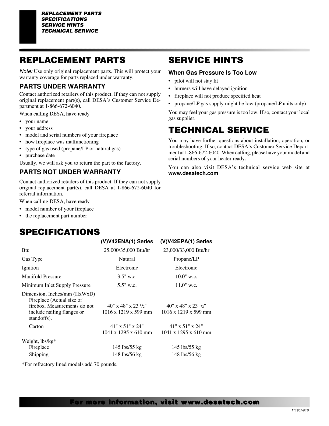 Desa V)V42EPA(1) SERIES, V)V42ENA(1) SERIES Replacement Parts, Service Hints, Technical Service, Specifications 