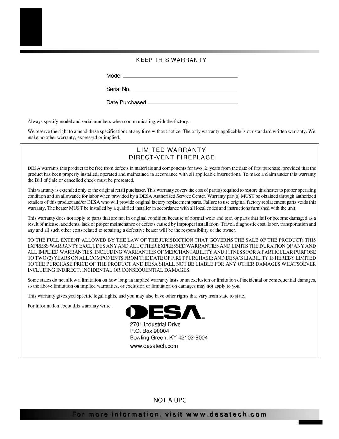 Desa V)V42EPA(1) SERIES, V)V42ENA(1) SERIES installation manual Warranty Information 