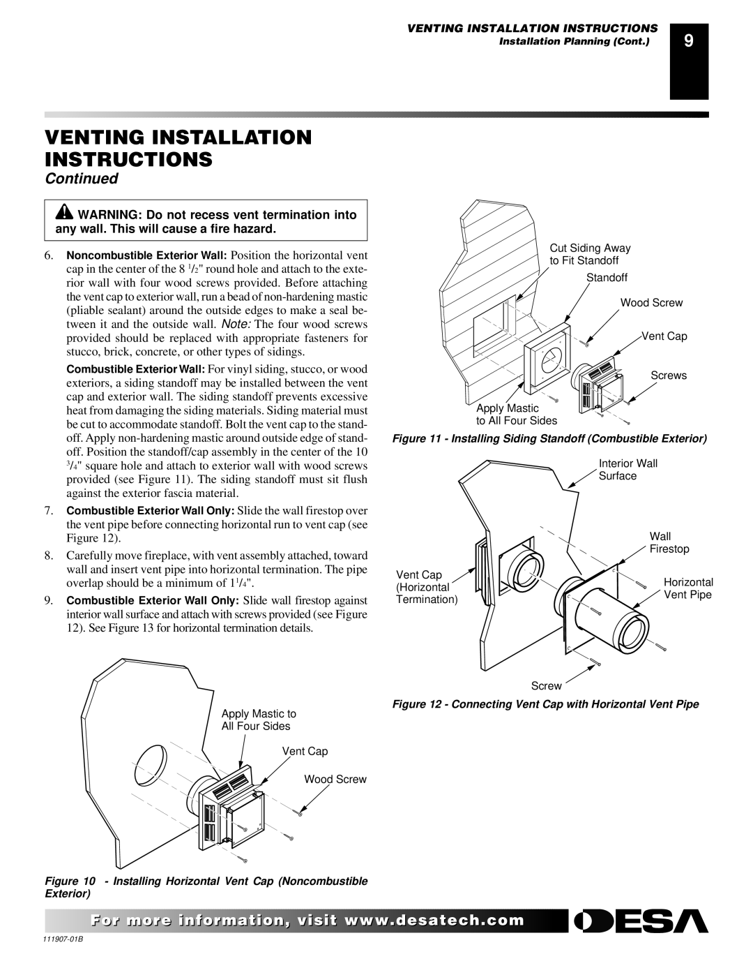 Desa V)V42EPA(1) SERIES, V)V42ENA(1) SERIES installation manual Installing Horizontal Vent Cap Noncombustible Exterior 