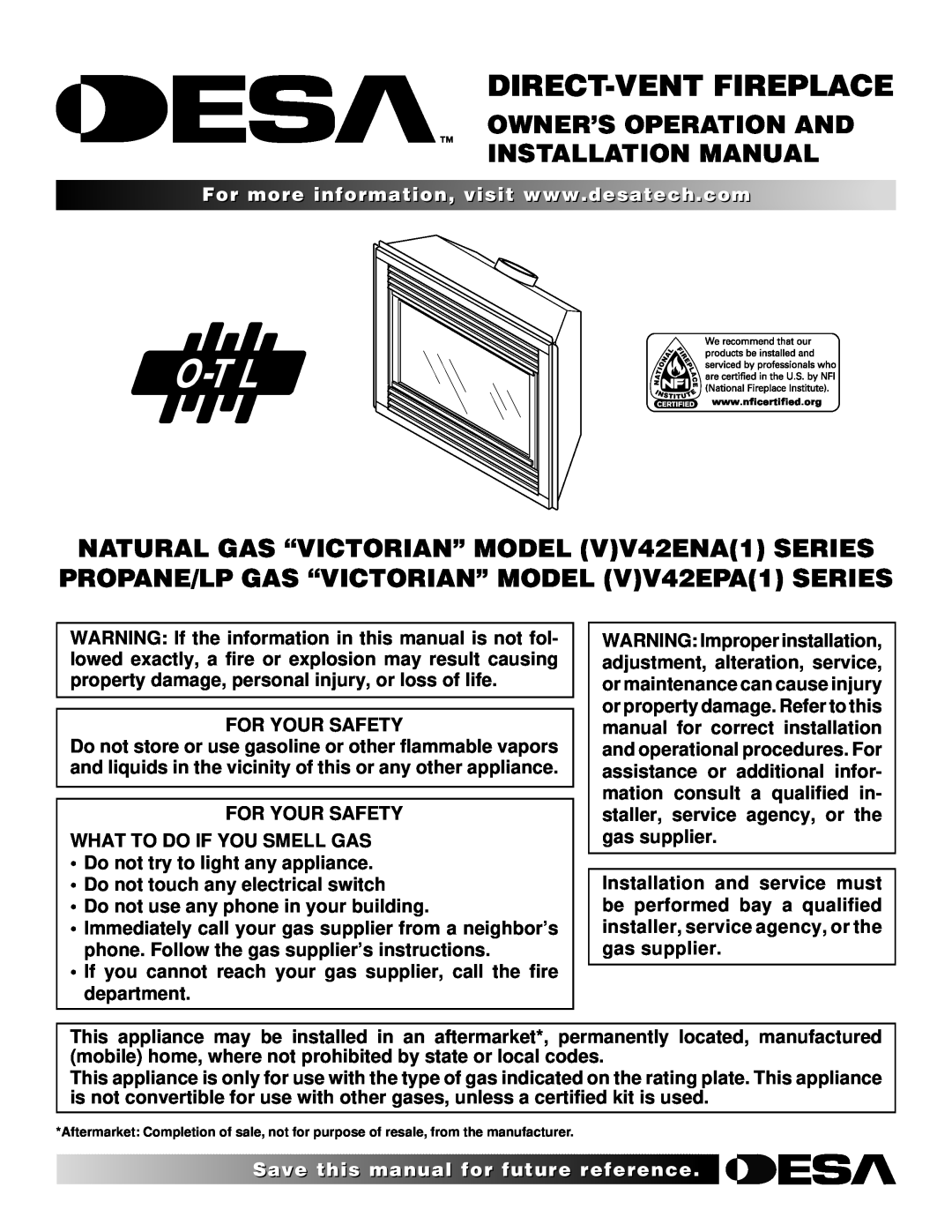 Desa V)V42EPA(1) SERIES, V)V42ENA(1) SERIES installation manual Owner’S Operation And Installation Manual, For Your Safety 