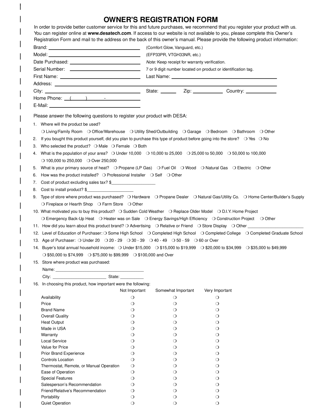 Desa V)V42EPA(1) SERIES, V)V42ENA(1) SERIES installation manual Owners Registration Form 