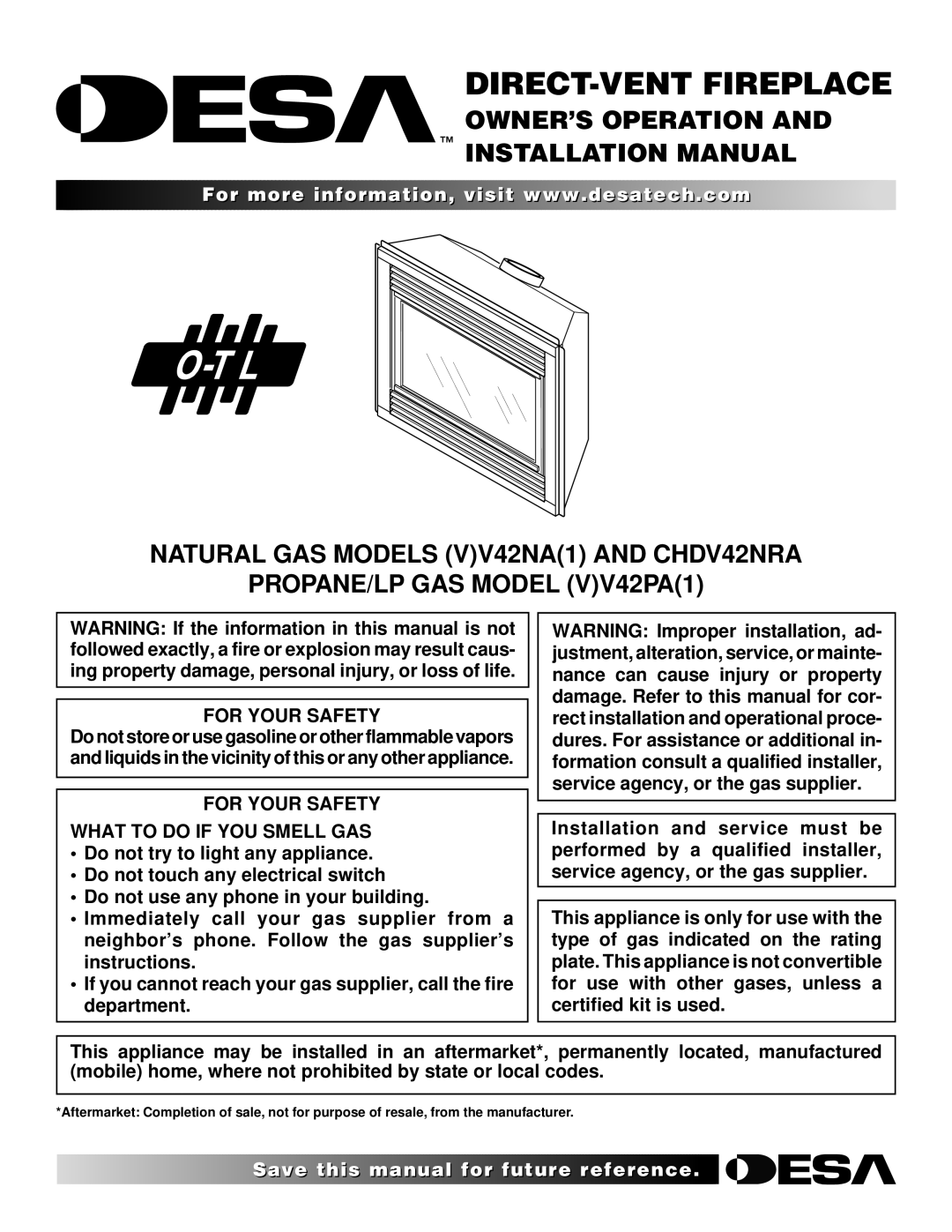 Desa (V)V42NA(1) installation manual OWNER’S Operation Installation Manual, For Your Safety 