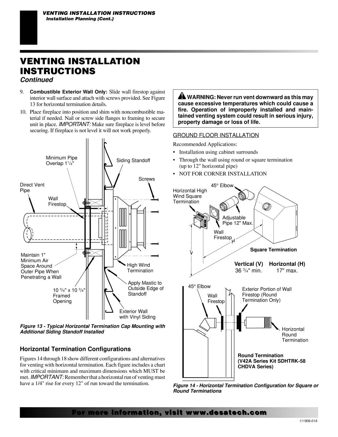 Desa (V)V42NA(1) installation manual Horizontal Termination Configurations, Horizontal H 