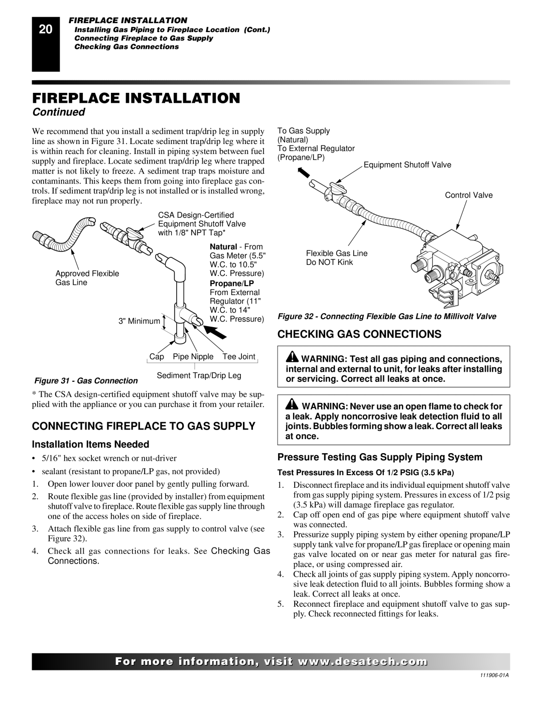 Desa (V)V42NA(1) Checking GAS Connections, Connecting Fireplace to GAS Supply, Installation Items Needed 