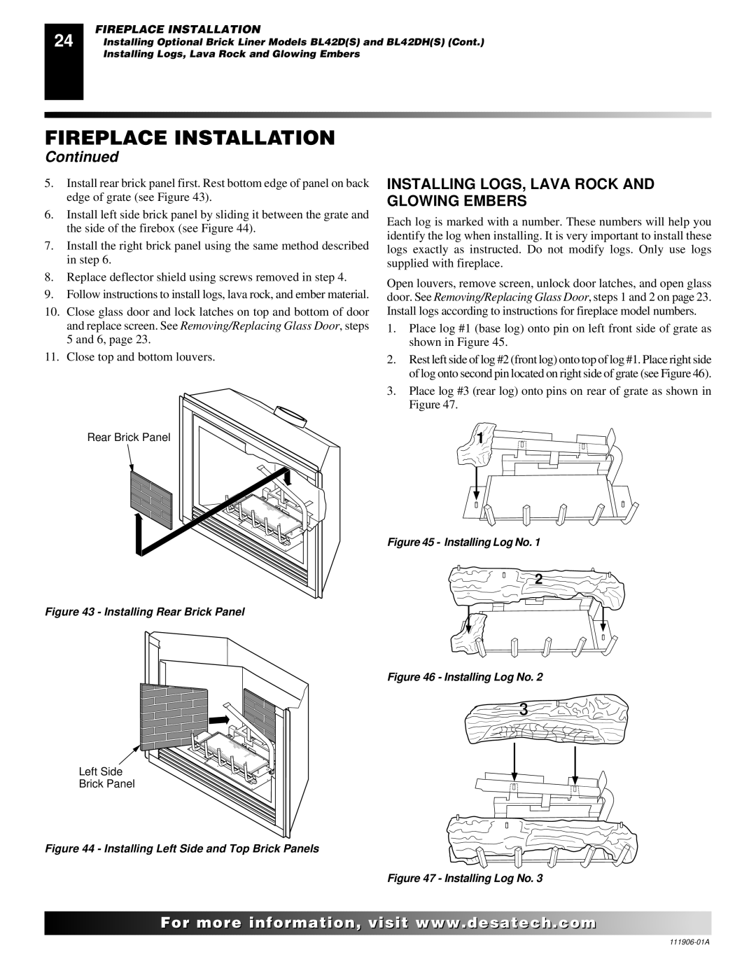 Desa (V)V42NA(1) installation manual Installing LOGS, Lava Rock and Glowing Embers, Installing Rear Brick Panel 