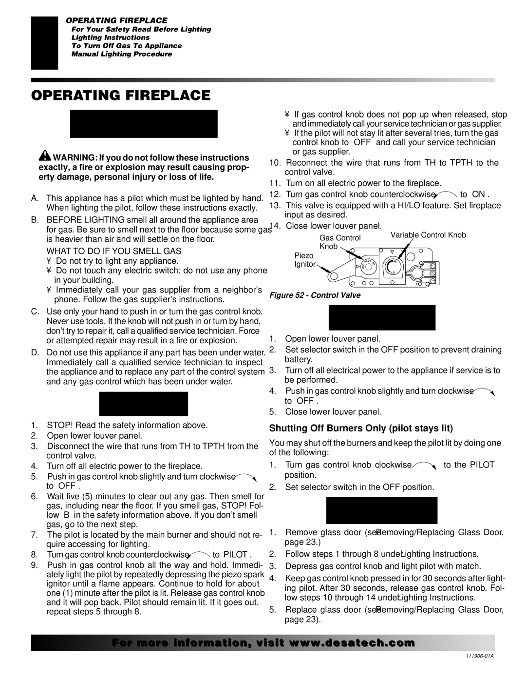 Desa (V)V42NA(1) installation manual Operating Fireplace, For Your Safety Read Before Lighting, Lighting Instructions 