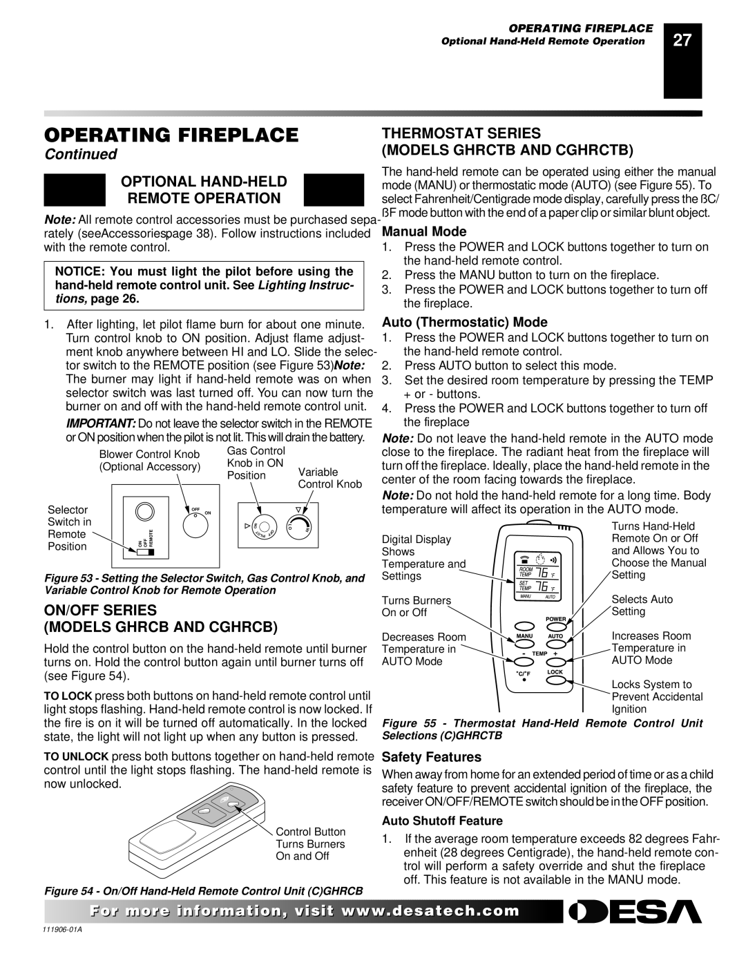 Desa (V)V42NA(1) installation manual Optional HAND-HELD Remote Operation, Thermostat Series Models Ghrctb and Cghrctb 