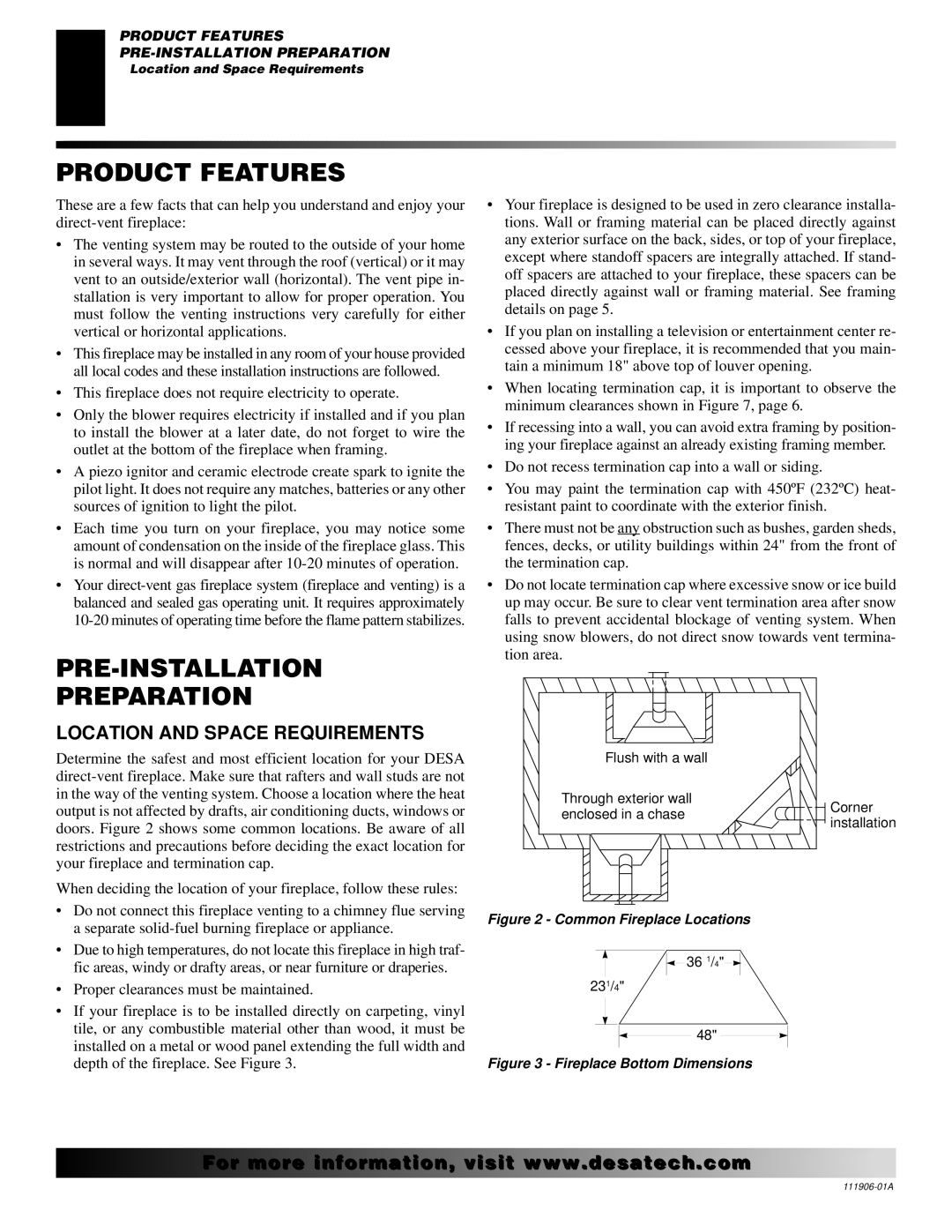 Desa (V)V42NA(1) installation manual Product Features, PRE-INSTALLATION Preparation, Location and Space Requirements 