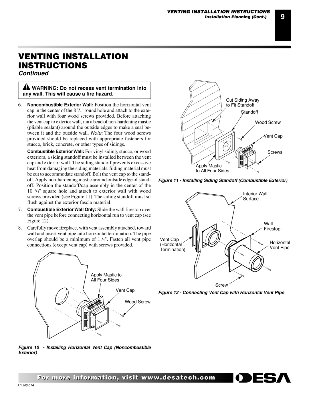 Desa (V)V42NA(1) installation manual Installing Horizontal Vent Cap Noncombustible Exterior 