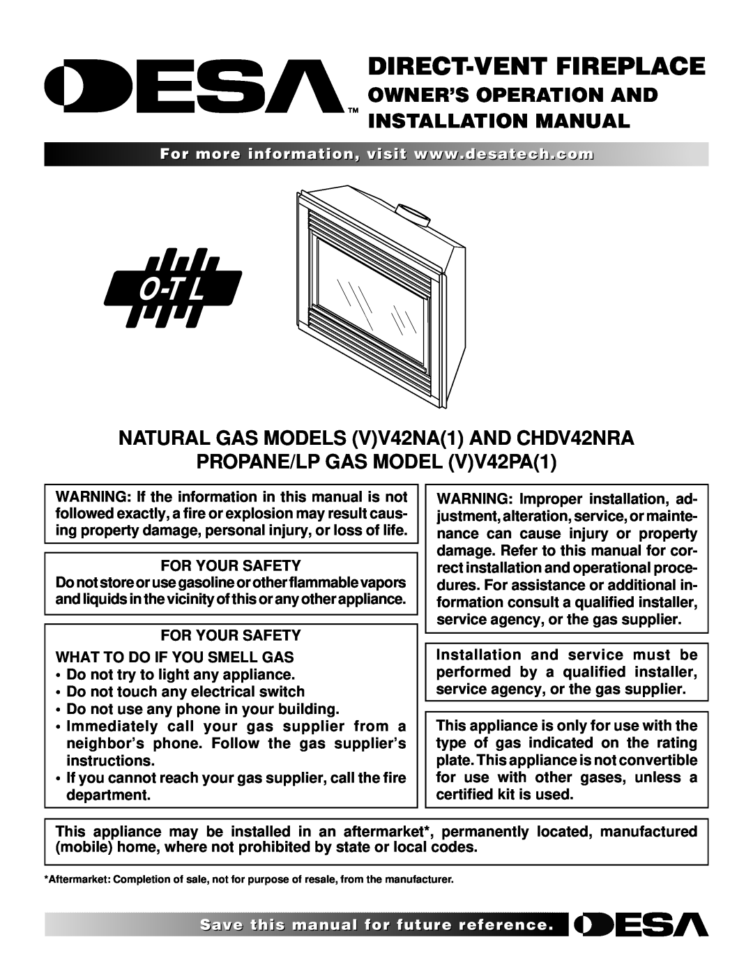 Desa (V)V42NA(1) installation manual Owner’S Operation And Installation Manual, NATURAL GAS MODELS VV42NA1 AND CHDV42NRA 
