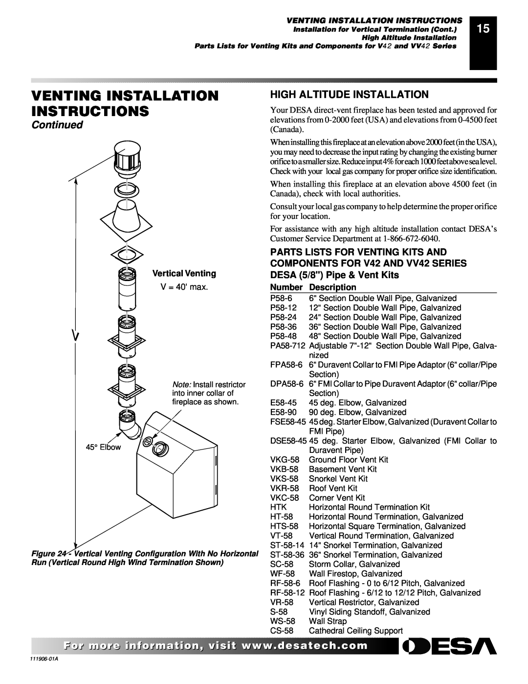 Desa (V)V42NA(1) Venting Installation Instructions, Continued, High Altitude Installation, Vertical Venting, Number 