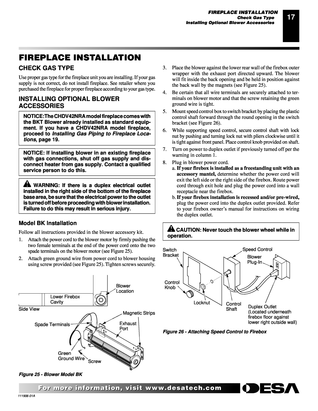 Desa (V)V42NA(1) installation manual Fireplace Installation, Check Gas Type, Installing Optional Blower Accessories 