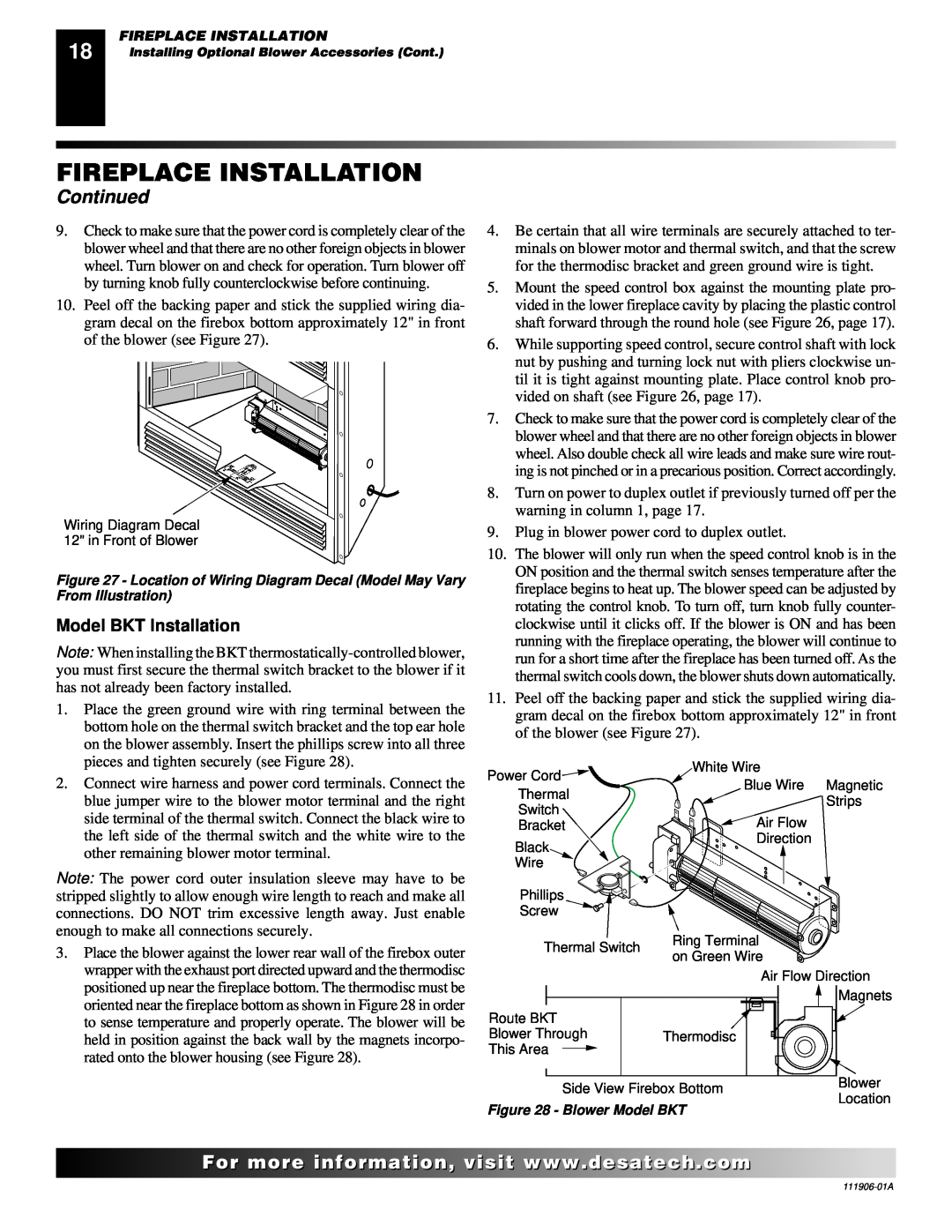 Desa (V)V42NA(1) installation manual Fireplace Installation, Continued, Model BKT Installation 