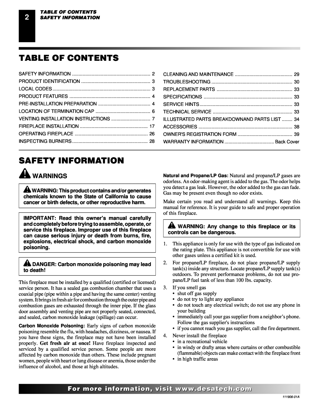 Desa (V)V42NA(1) installation manual Table Of Contents, Safety Information 