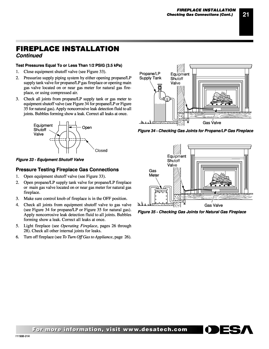 Desa (V)V42NA(1) installation manual Fireplace Installation, Continued, Pressure Testing Fireplace Gas Connections 