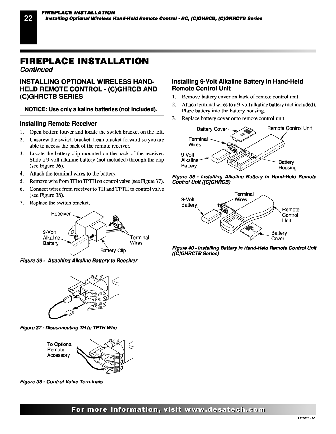 Desa (V)V42NA(1) installation manual Fireplace Installation, Continued, Installing Remote Receiver 