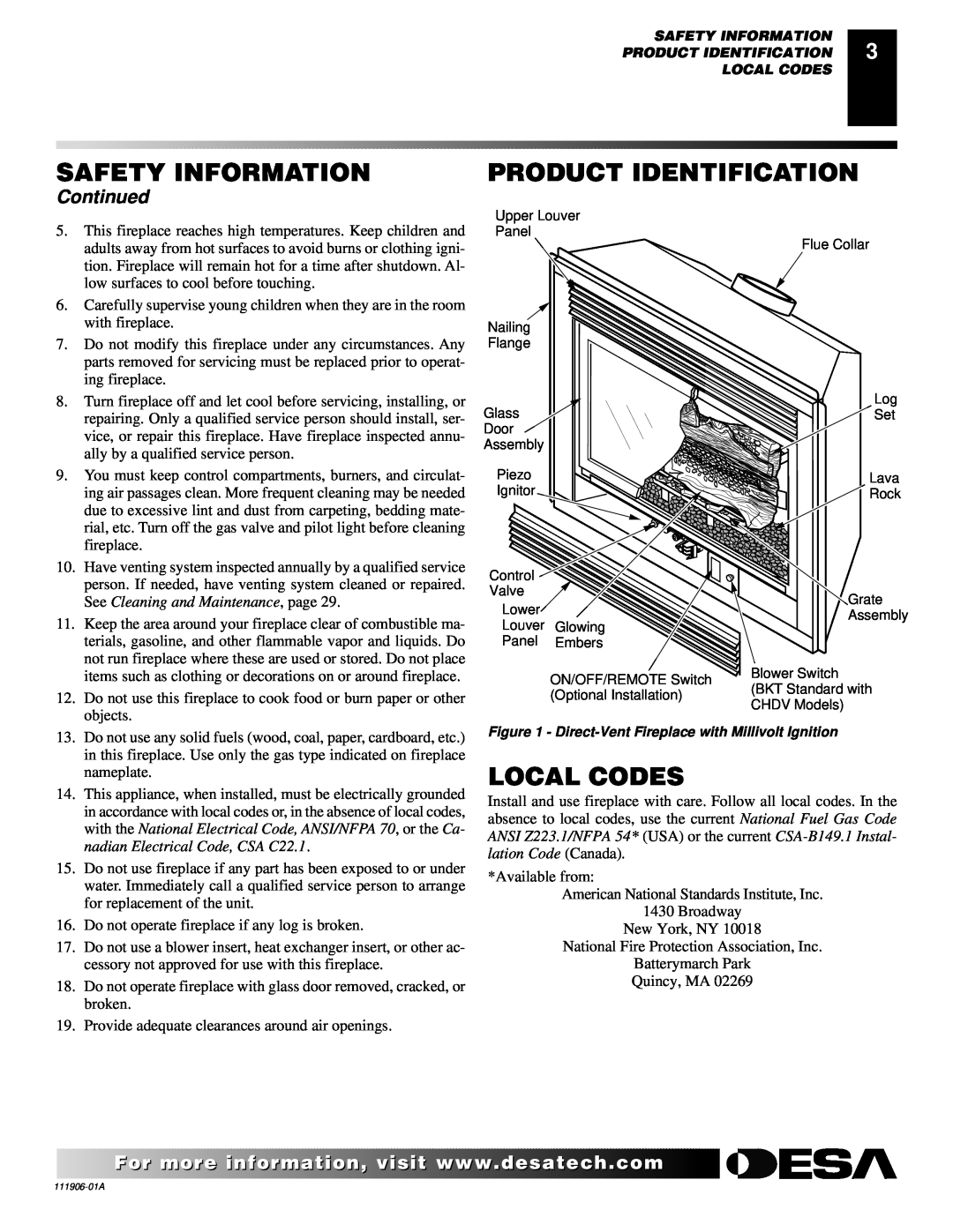 Desa (V)V42NA(1) Product Identification, Local Codes, Continued, Safety Information, See Cleaning and Maintenance, page 