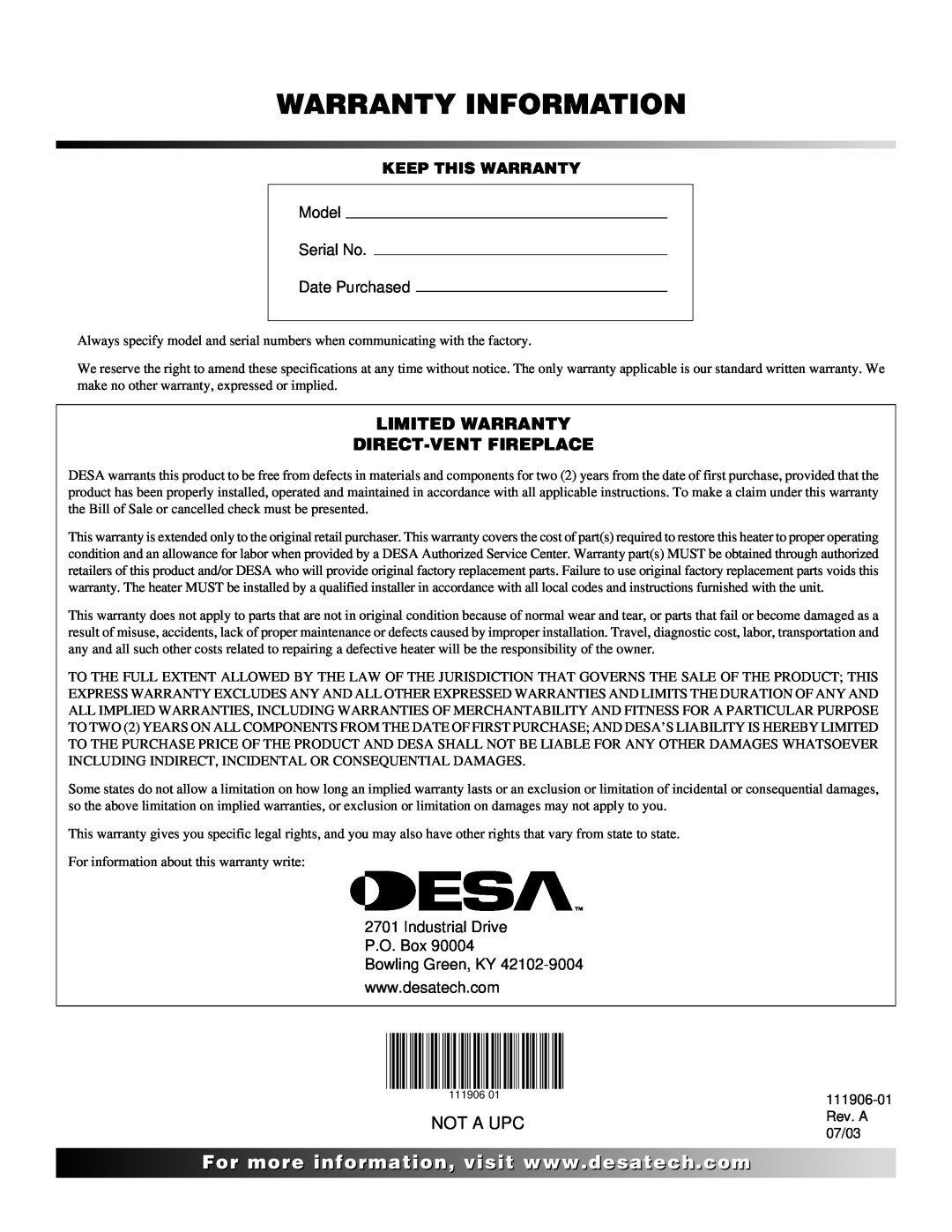 Desa (V)V42NA(1) installation manual Warranty Information, Limited Warranty Direct-Ventfireplace, Not A Upc 