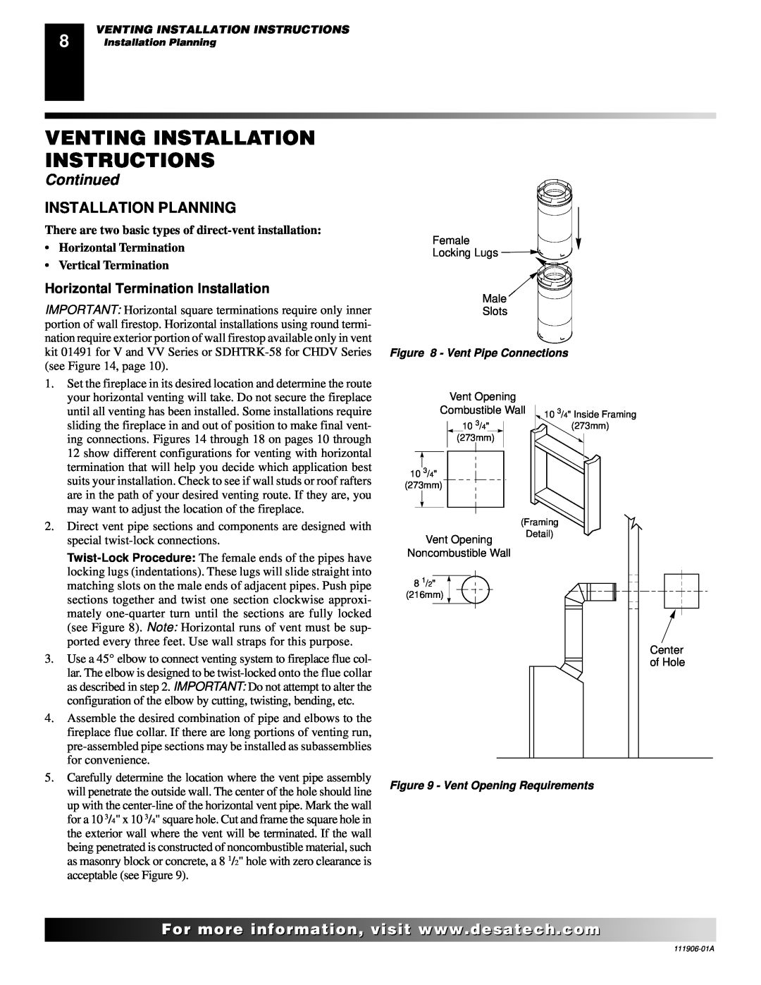 Desa (V)V42NA(1) Venting Installation Instructions, Continued, Installation Planning, Horizontal Termination Installation 