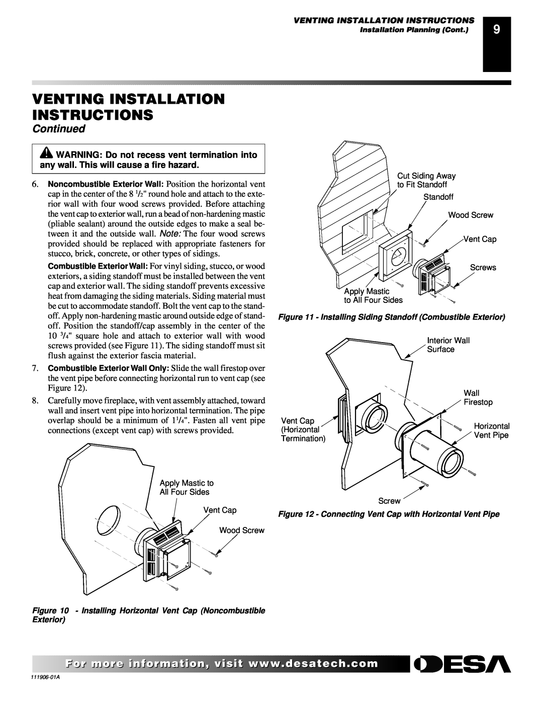 Desa (V)V42NA(1) installation manual Venting Installation Instructions, Continued 