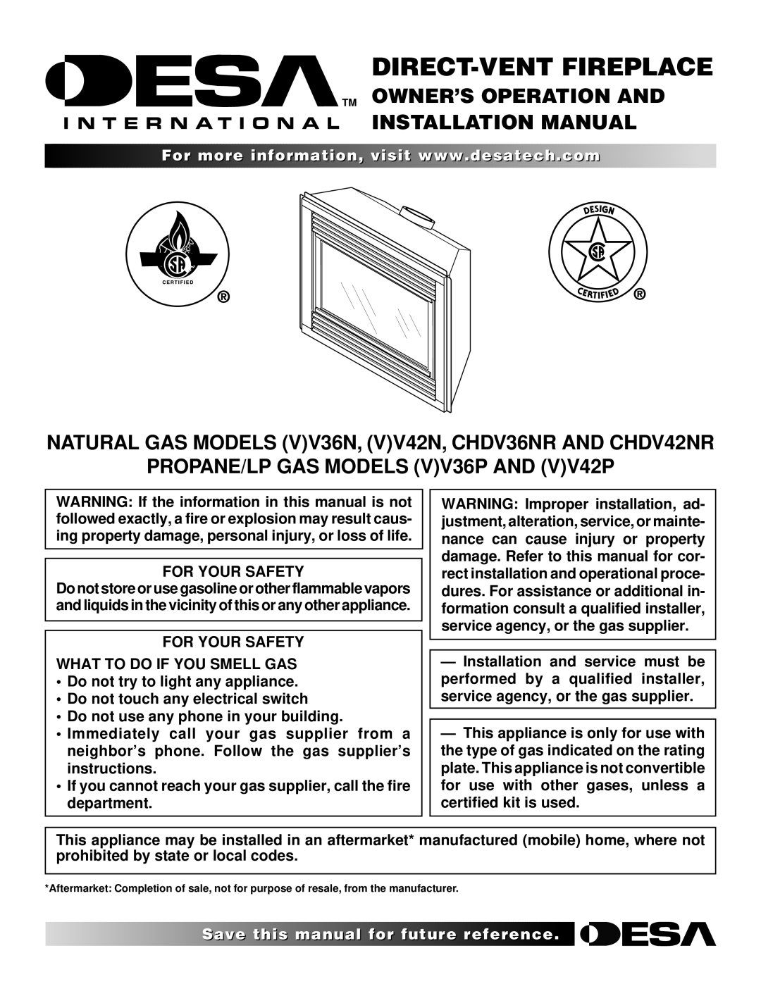 Desa (V)V42N, (V)V42P, (V)V36P, CHDV36NR installation manual TM OWNER’S Operation Installation Manual, For Your Safety 