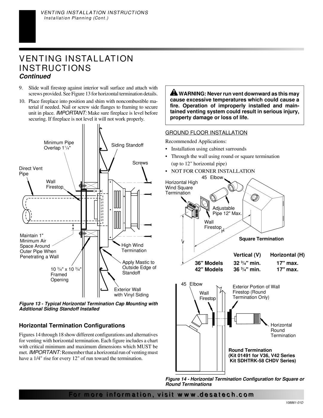 Desa (V)V42P, (V)V42N Horizontal Termination Configurations, Vertical Horizontal H Models 32 3/ 4 min, Models 36 3/ 4 min 