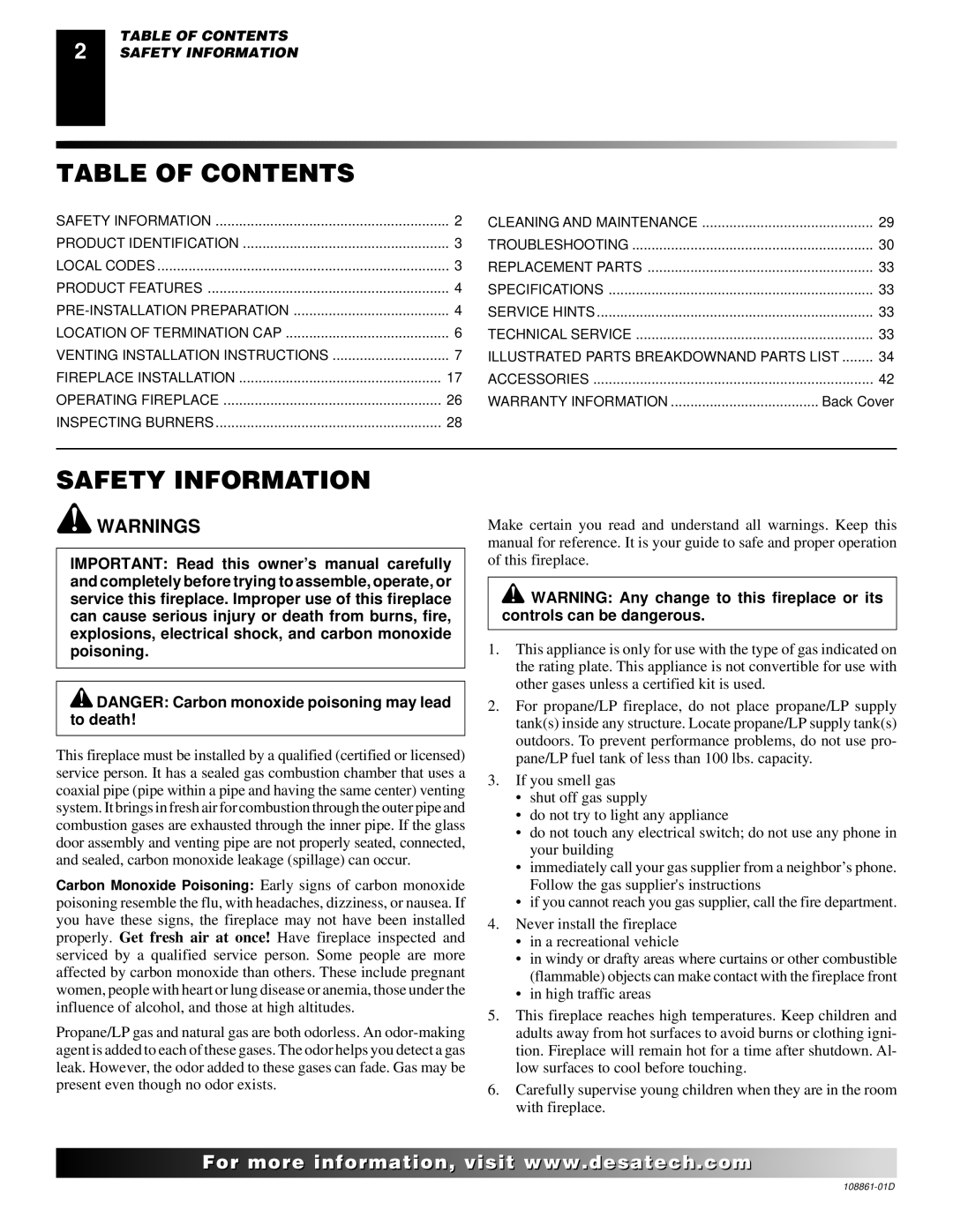 Desa (V)V36P, (V)V42P, (V)V42N, CHDV36NR, CHDV42NR installation manual Table of Contents, Safety Information 