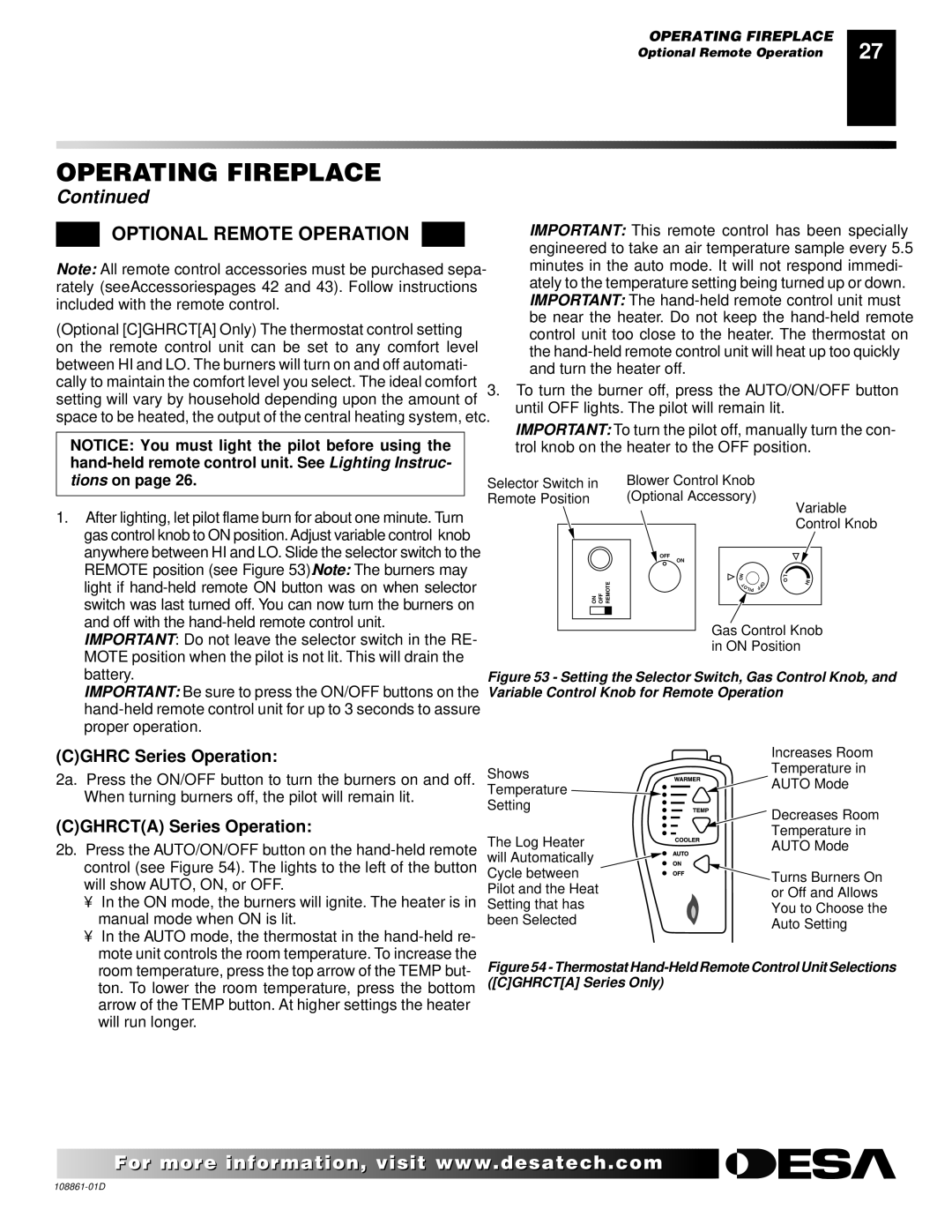 Desa (V)V36P, (V)V42P, (V)V42N, CHDV36NR Optional Remote Operation, Cghrc Series Operation, Cghrcta Series Operation 