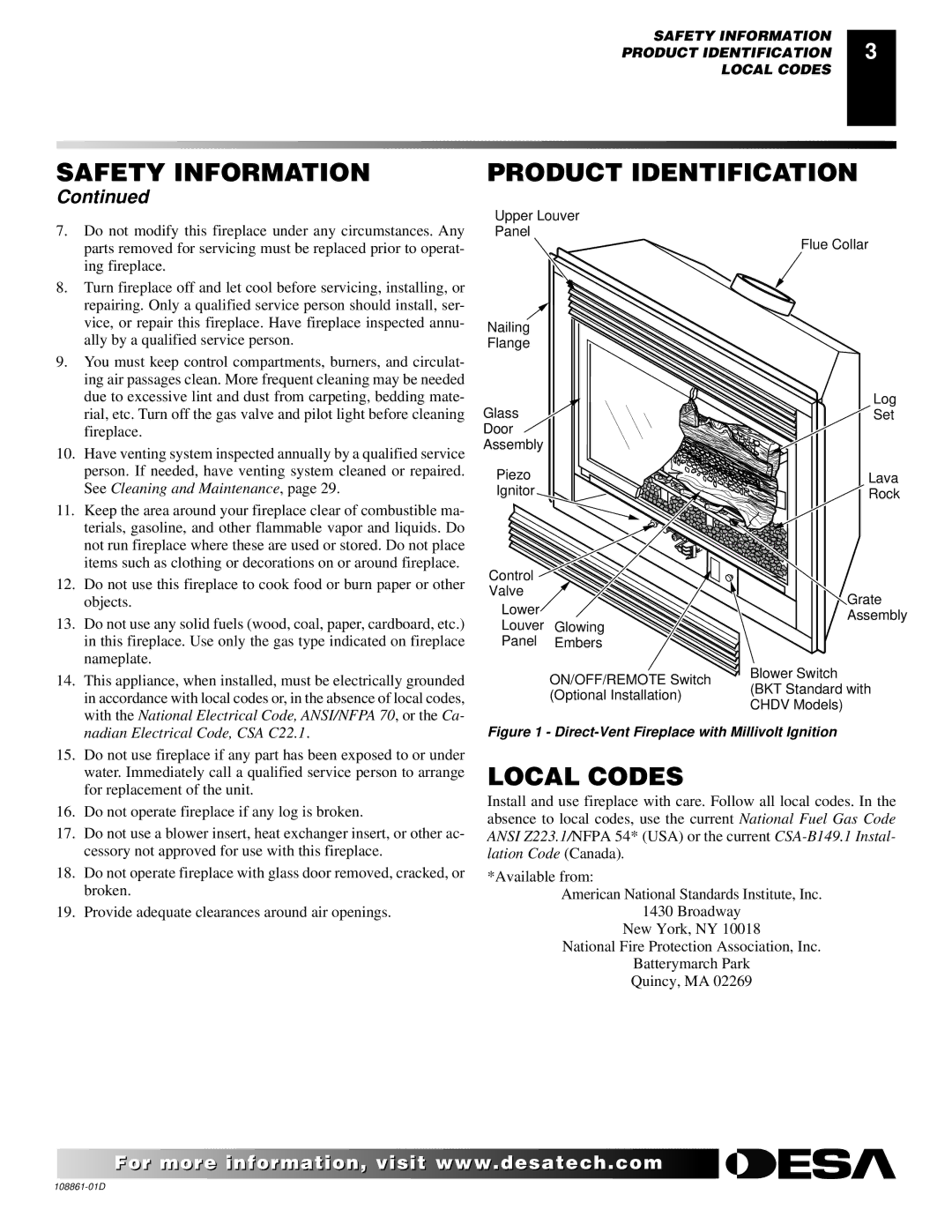 Desa CHDV36NR, (V)V42P, (V)V42N, (V)V36P, CHDV42NR installation manual Safety Information Product Identification, Local Codes 