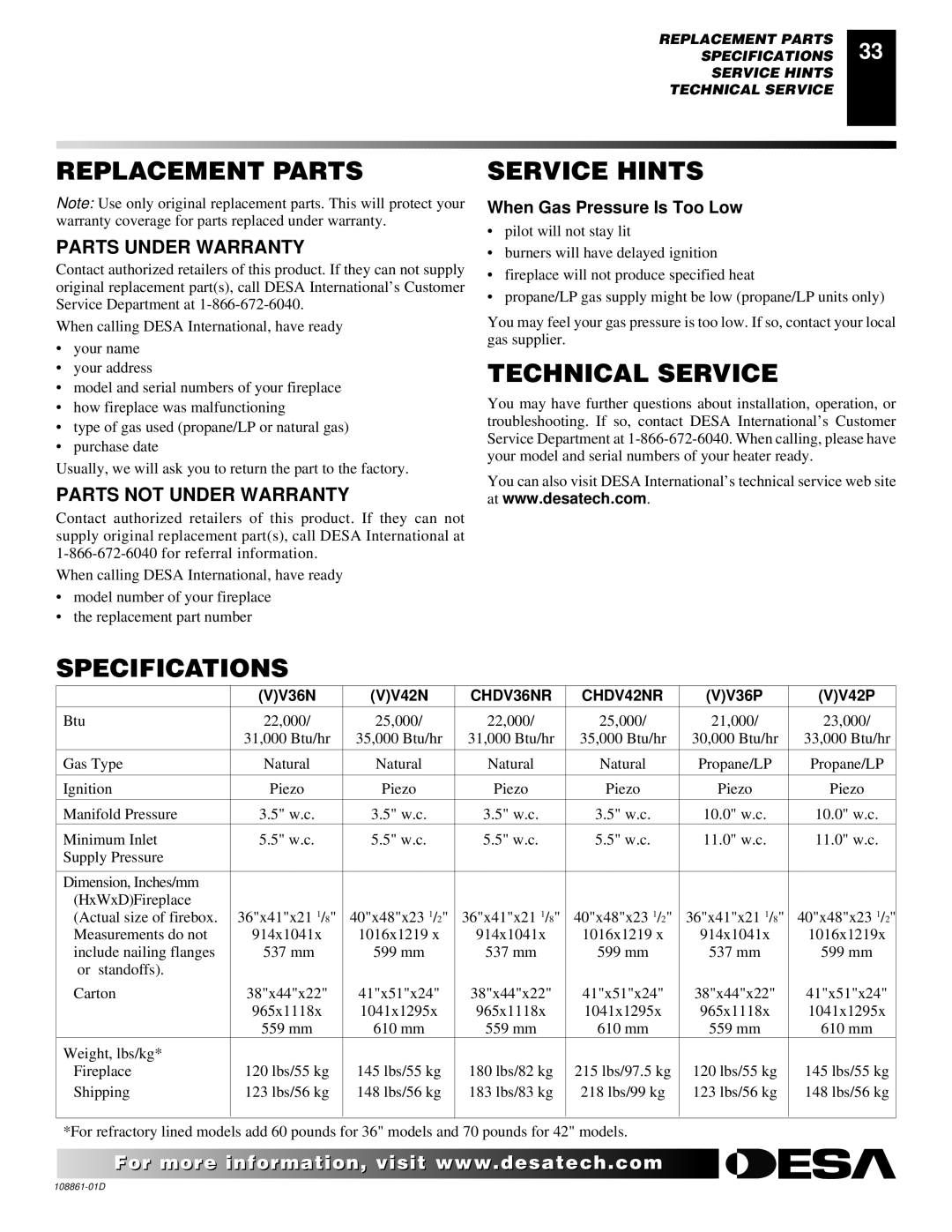 Desa CHDV36NR, (V)V42P, (V)V42N, (V)V36P, CHDV42NR Replacement Parts, Service Hints, Technical Service, Specifications 