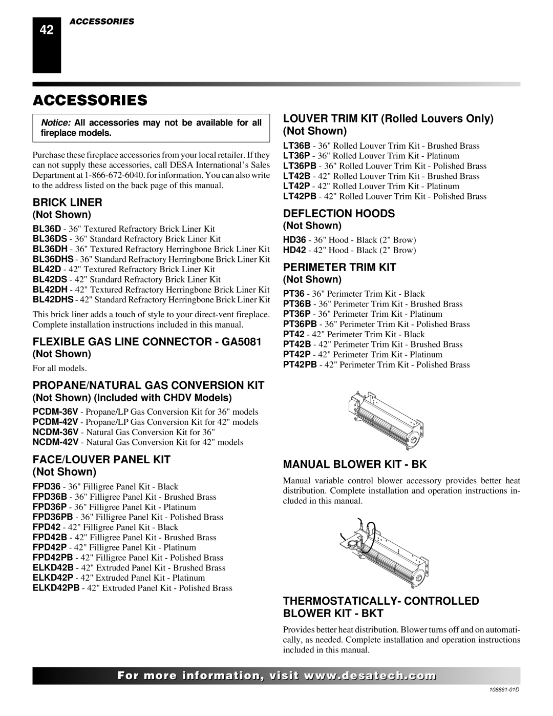 Desa (V)V36P, (V)V42P, (V)V42N, CHDV36NR, CHDV42NR installation manual Accessories 