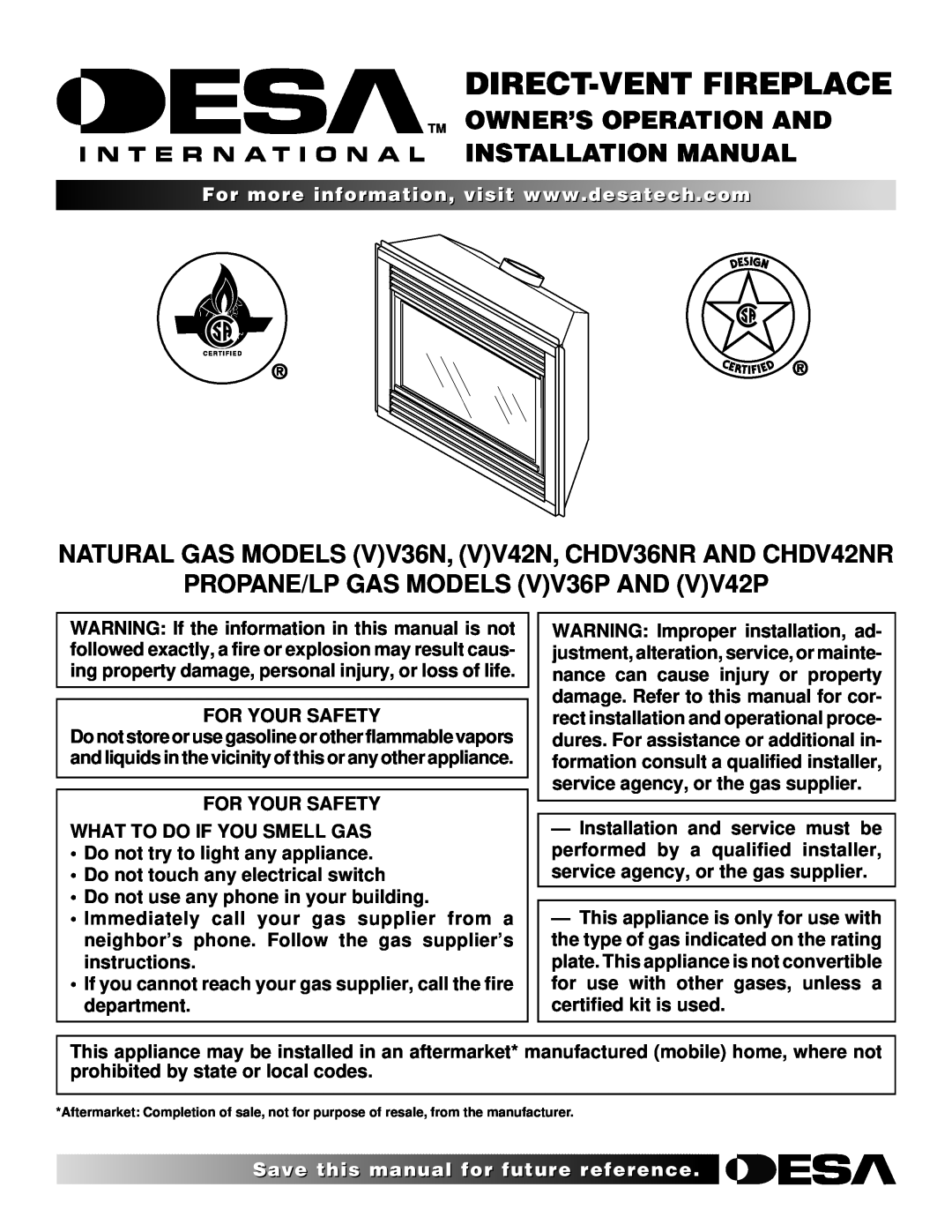 Desa (V)V42N installation manual Tm Owner’S Operation And Installation Manual, PROPANE/LP GAS MODELS VV36P AND VV42P 