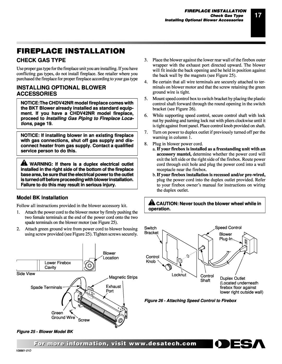 Desa (V)V36P Fireplace Installation, Check Gas Type, Installing Optional Blower Accessories, Model BK Installation 