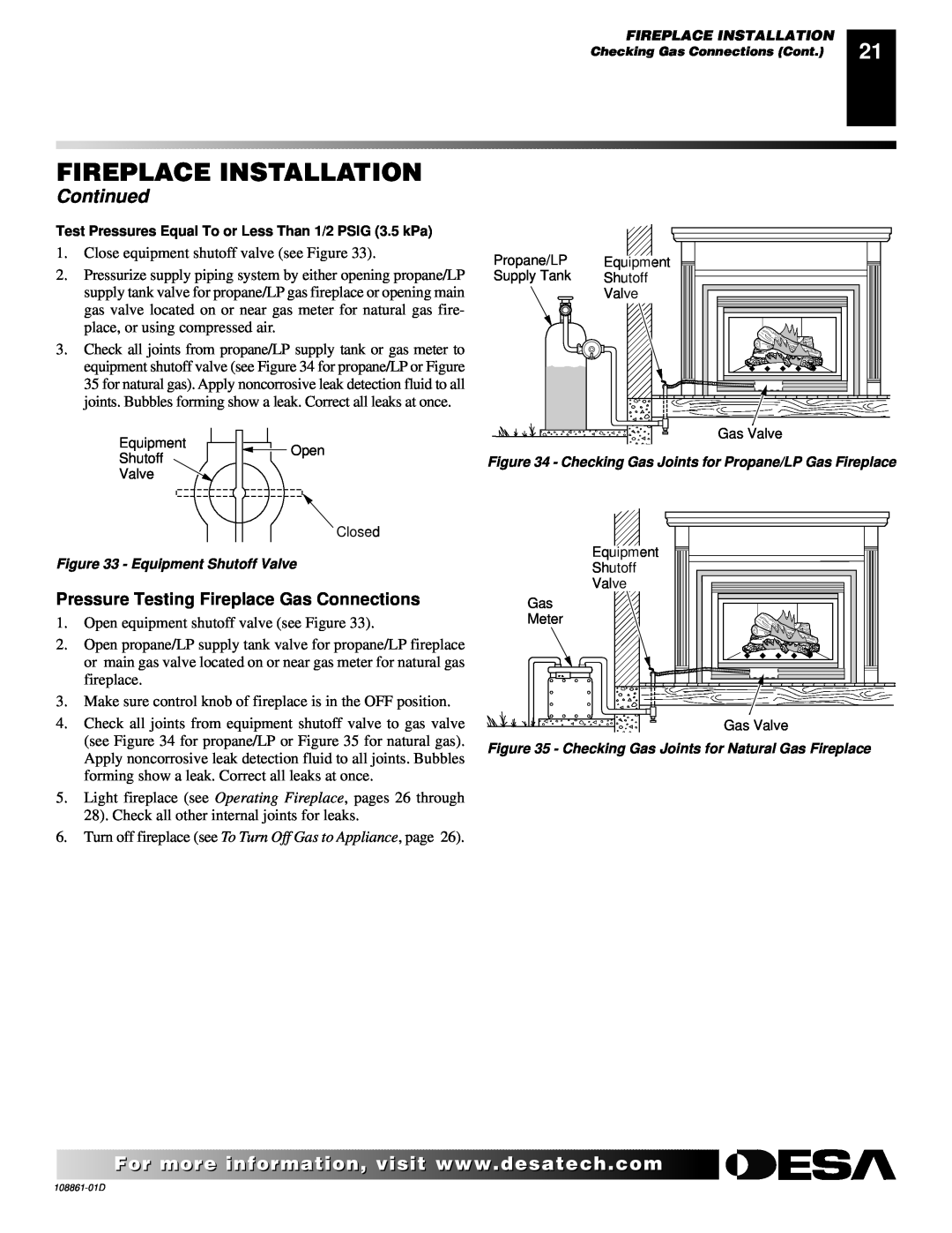 Desa (V)V42N, (V)V42P, (V)V36P, CHDV36NR Pressure Testing Fireplace Gas Connections, Fireplace Installation, Continued 
