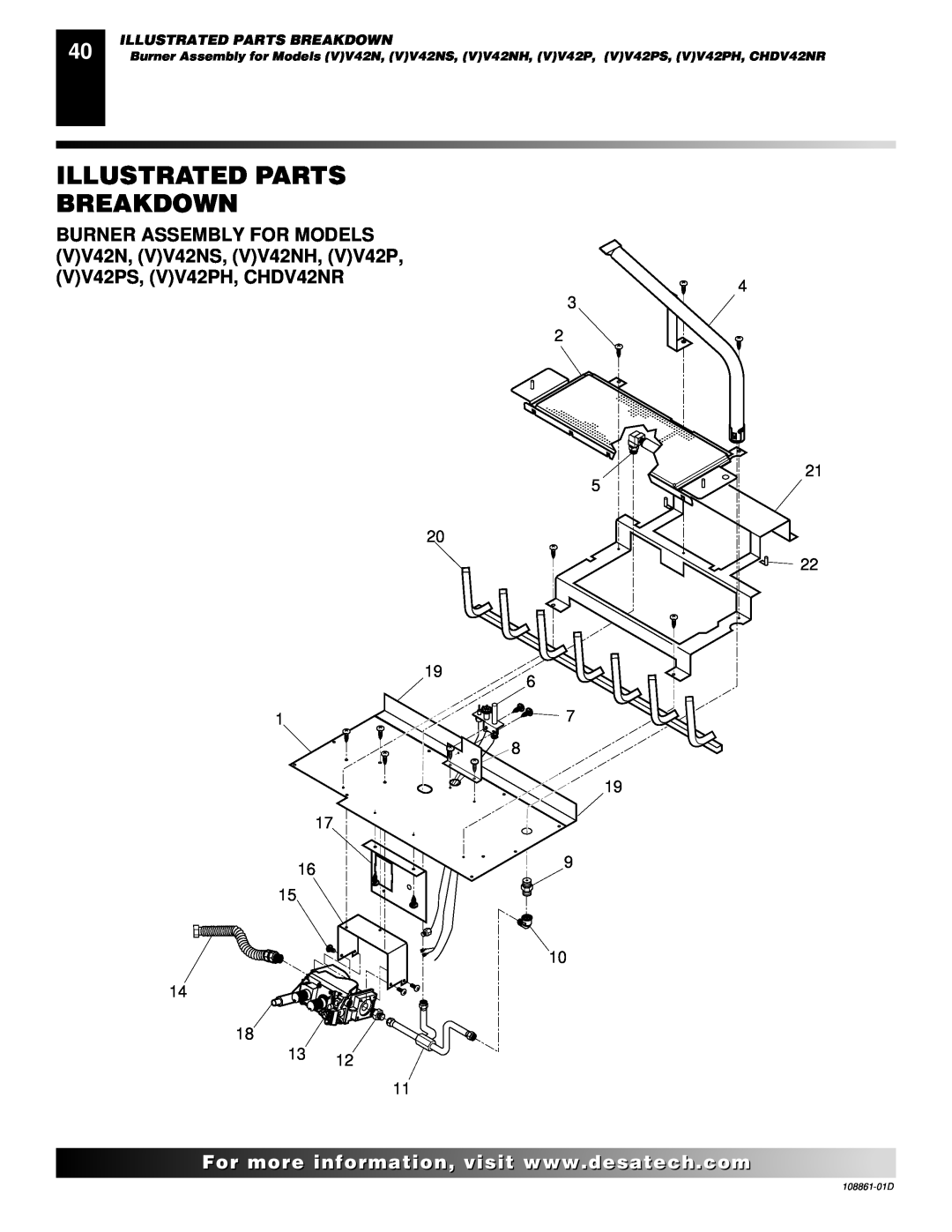 Desa (V)V42P, (V)V42N, (V)V36P, CHDV36NR, CHDV42NR installation manual Illustrated Parts Breakdown, 20 19 1, 4 3, 108861-01D 