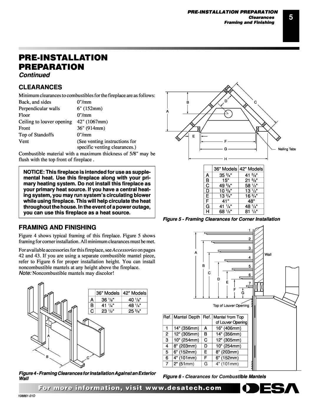 Desa (V)V42P, (V)V42N, (V)V36P, CHDV36NR, CHDV42NR Clearances, Framing And Finishing, Pre-Installation Preparation, Continued 