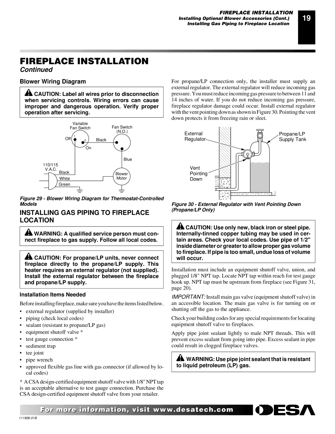 Desa CHDV42NRA, (V)V42PA(1) Installing GAS Piping to Fireplace Location, Blower Wiring Diagram, Installation Items Needed 