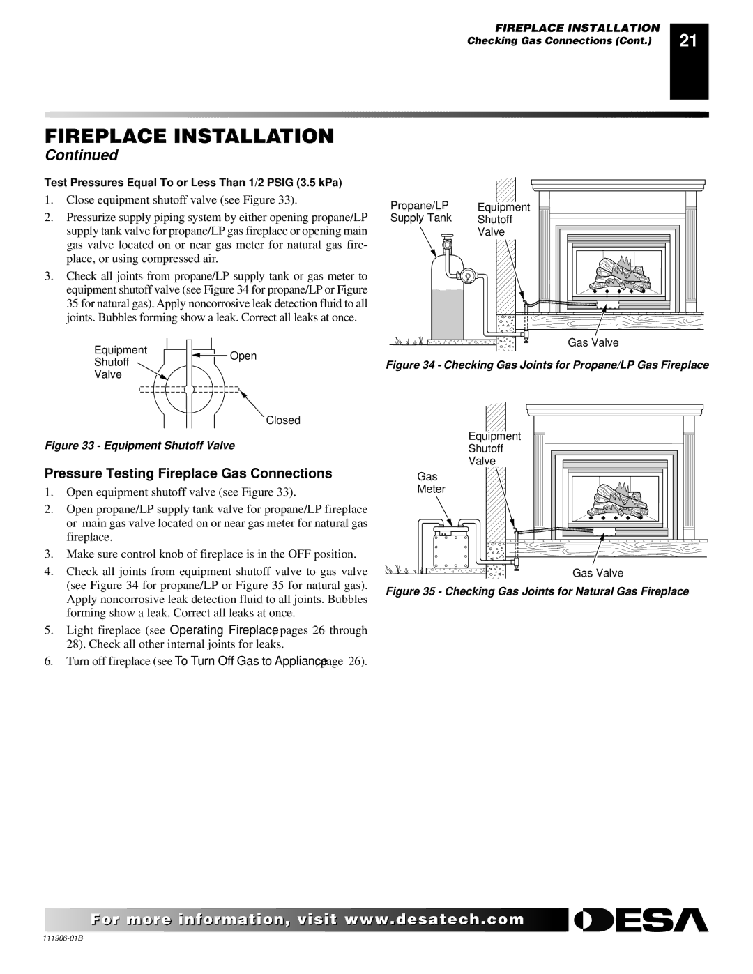 Desa CHDV42NRA, (V)V42PA(1) Pressure Testing Fireplace Gas Connections, Checking Gas Joints for Propane/LP Gas Fireplace 