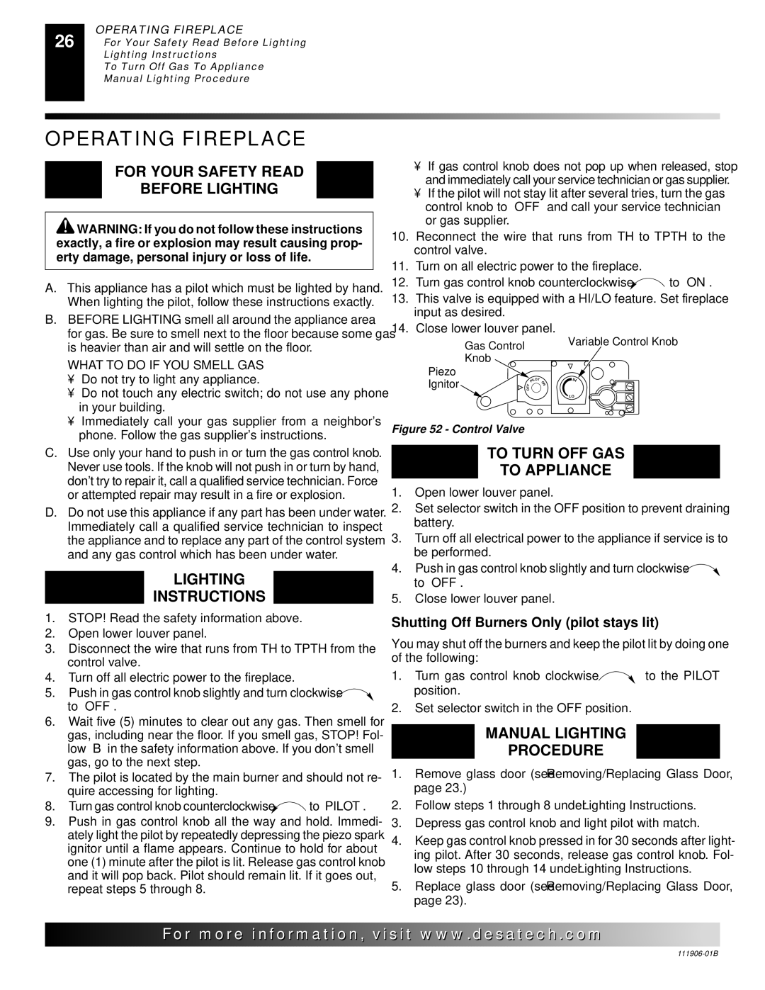 Desa (V)V42PA(1), CHDV42NRA Operating Fireplace, For Your Safety Read Before Lighting, Lighting Instructions 