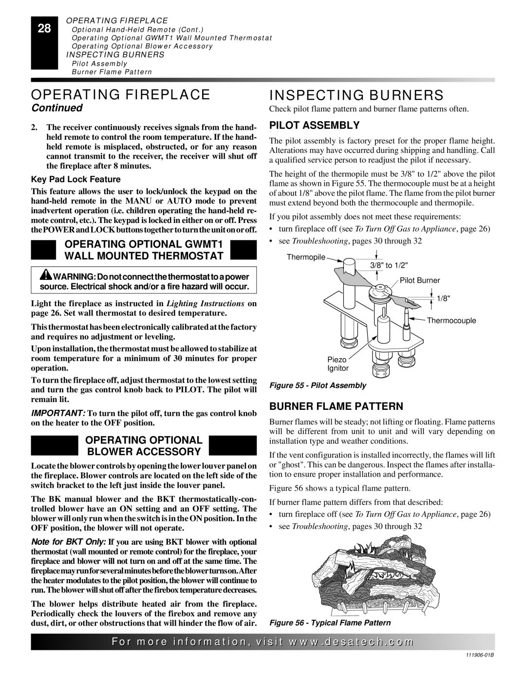 Desa (V)V42PA(1) Inspecting Burners, Operating Optional GWMT1 Wall Mounted Thermostat, Operating Optional Blower Accessory 