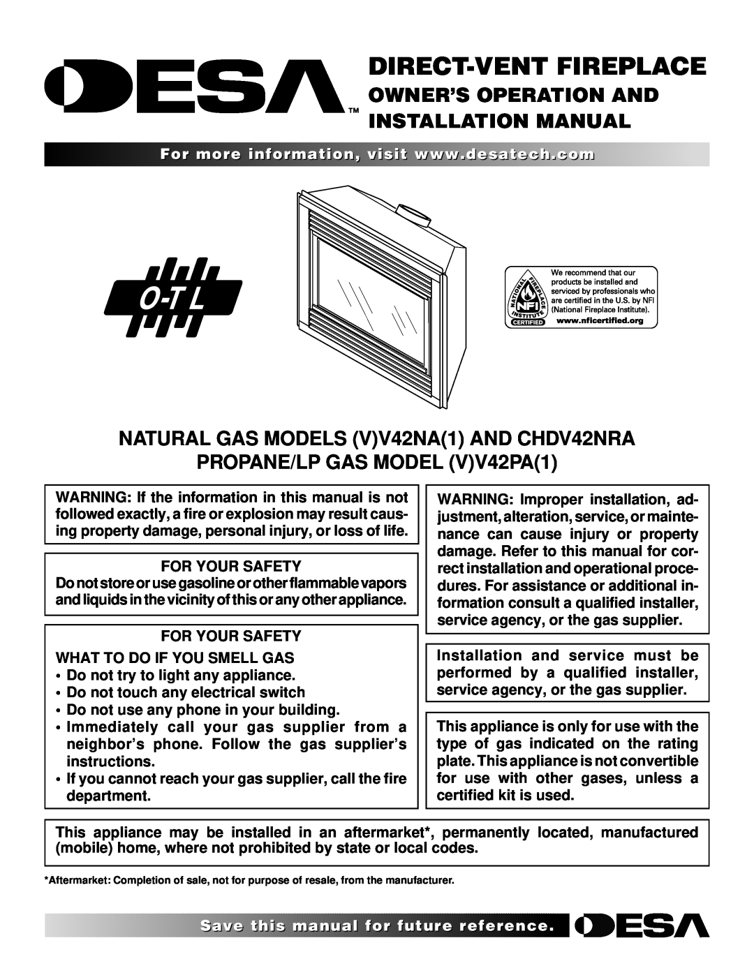 Desa installation manual Owner’S Operation And Installation Manual, NATURAL GAS MODELS VV42NA1 AND CHDV42NRA 