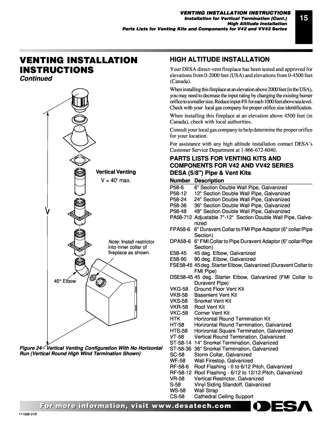 Desa CHDV42NRA Venting Installation Instructions, Continued, High Altitude Installation, Vertical Venting, Number 
