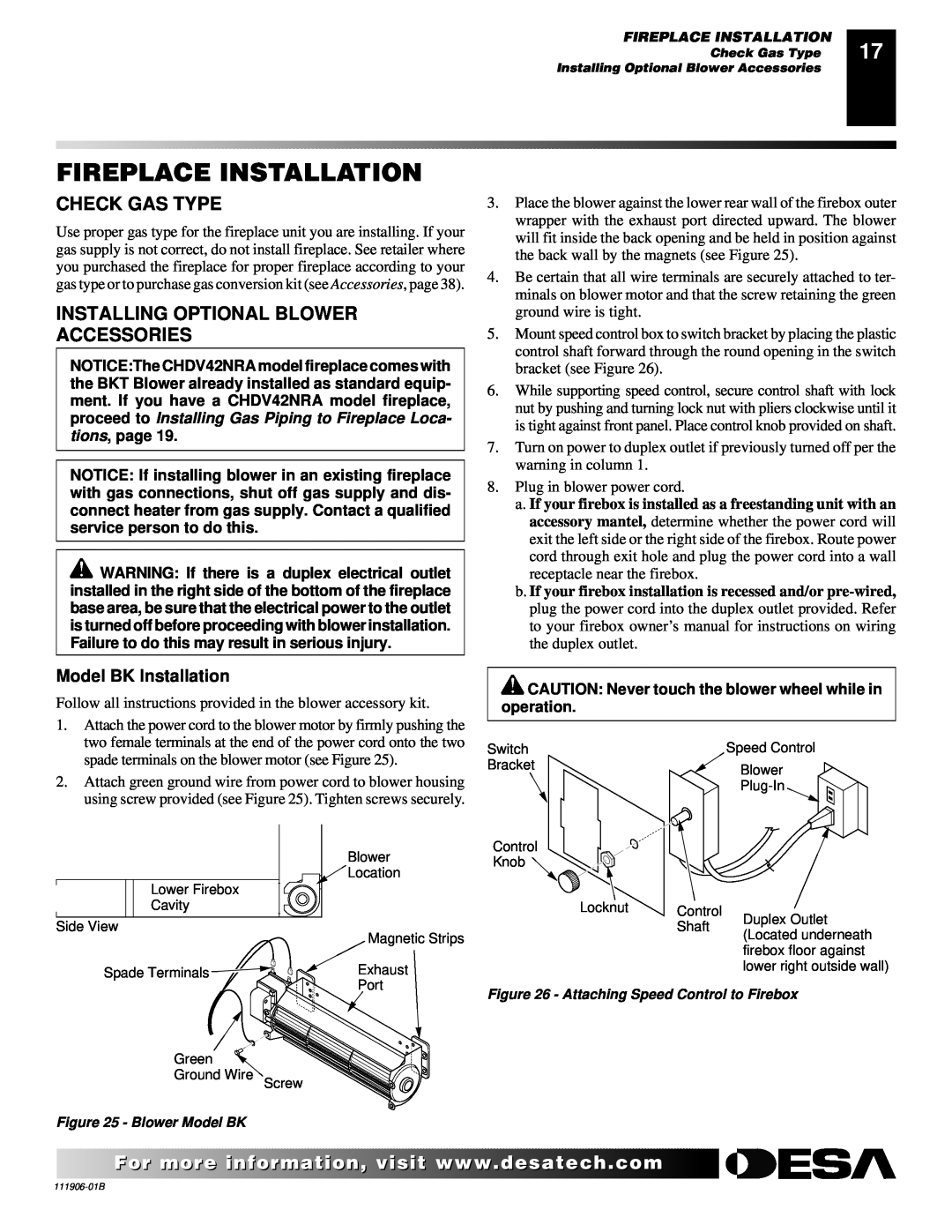 Desa CHDV42NRA, (V)V42PA(1) Fireplace Installation, Check Gas Type, Installing Optional Blower Accessories 