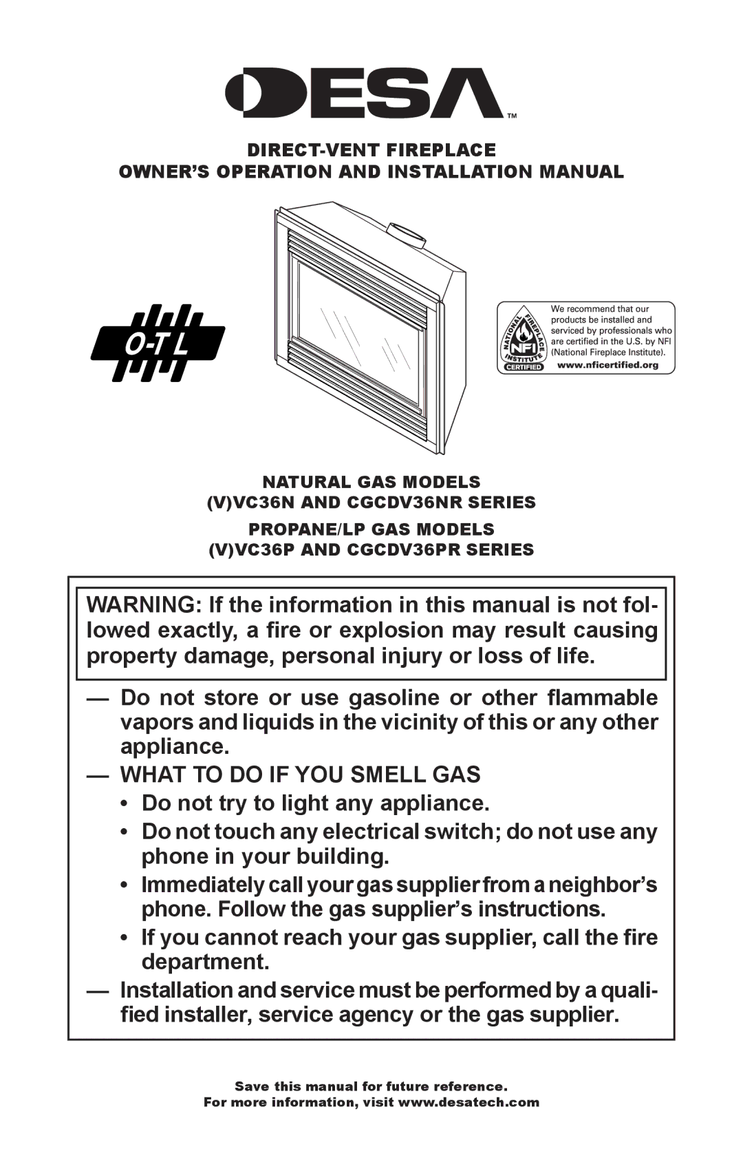 Desa CGCDV36PR, (V)VC36N installation manual What to do if YOU Smell GAS 