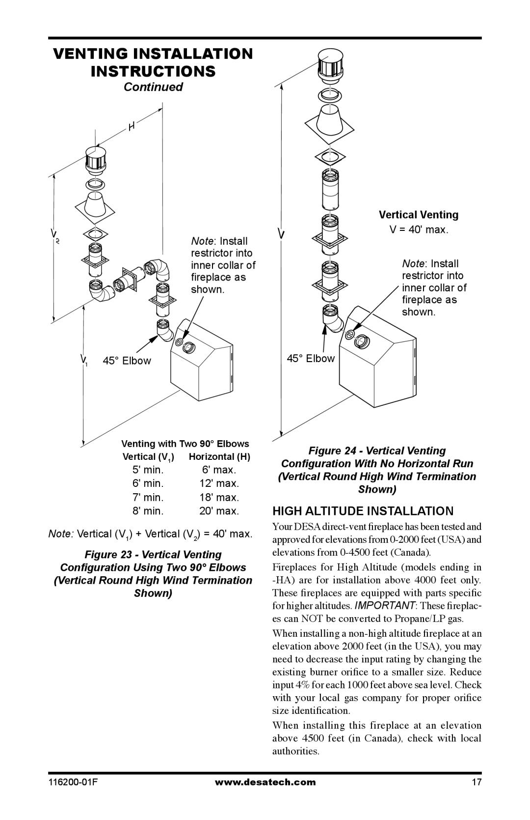 Desa CGCDV36PR, (V)VC36N installation manual High Altitude Installation, Vertical Venting 